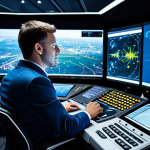A professional adult male flight operations dispatcher, focused and engaged, seated at an advanced ergonomic workstation within a futuristic, high-tech flight control center. Multiple interactive, transparent displays and holographic screens surround him, showcasing complex real-time aviation data, optimized flight paths for hybrid-electric aircraft, battery charge levels, and global weather patterns. He wears a modest, dark business suit, reflecting professionalism and expertise. The environment is clean, brightly lit with ambient blue and white tones, suggesting innovation and precision. The overall image captures the intelligence and responsibility of the role.
    *   *Quality & Safety:* Professional photography, high resolution, hyper-detailed, cinematic lighting, perfect anatomy, correct proportions, natural pose, well-formed hands, proper finger count, natural body proportions, safe for work, appropriate content, fully clothed, professional dress, family-friendly.