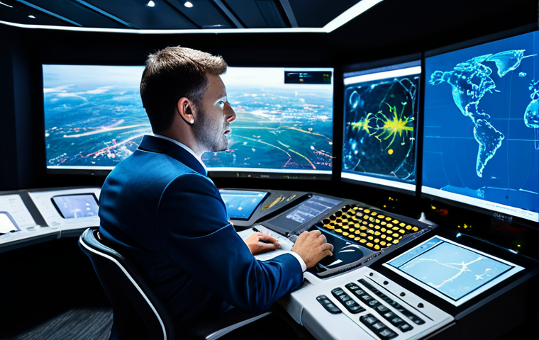 A professional adult male flight operations dispatcher, focused and engaged, seated at an advanced ergonomic workstation within a futuristic, high-tech flight control center. Multiple interactive, transparent displays and holographic screens surround him, showcasing complex real-time aviation data, optimized flight paths for hybrid-electric aircraft, battery charge levels, and global weather patterns. He wears a modest, dark business suit, reflecting professionalism and expertise. The environment is clean, brightly lit with ambient blue and white tones, suggesting innovation and precision. The overall image captures the intelligence and responsibility of the role.
    *   *Quality & Safety:* Professional photography, high resolution, hyper-detailed, cinematic lighting, perfect anatomy, correct proportions, natural pose, well-formed hands, proper finger count, natural body proportions, safe for work, appropriate content, fully clothed, professional dress, family-friendly.