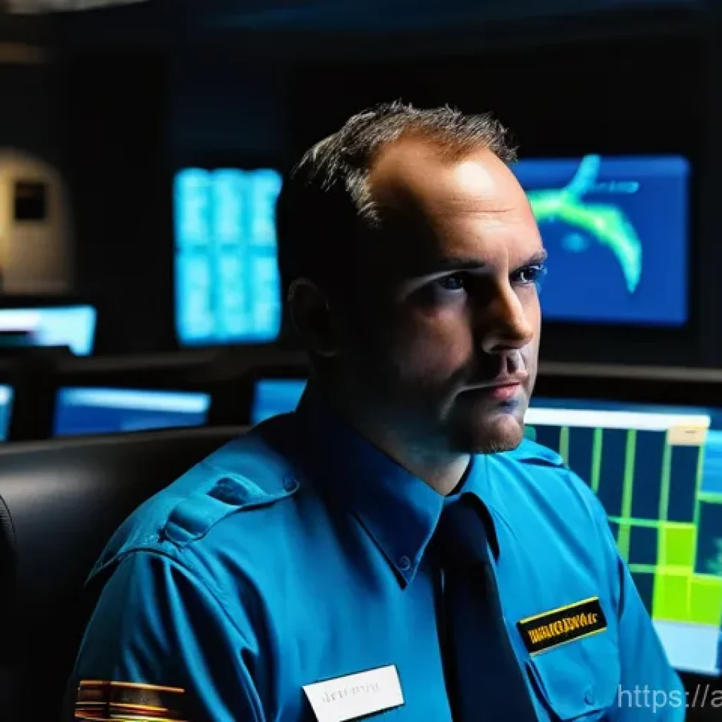항공운항관리사 비행 안전 브리핑 - **A Focused Flight Dispatcher in a Modern Control Center:** A male flight dispatcher, in his late 30...