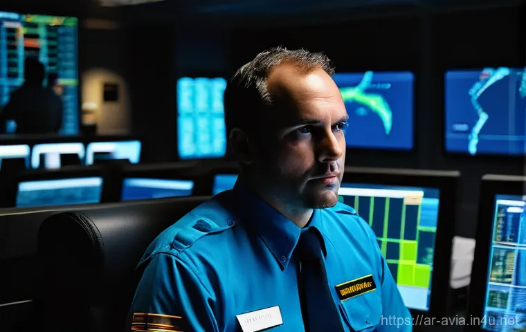 항공운항관리사 비행 안전 브리핑 - **A Focused Flight Dispatcher in a Modern Control Center:** A male flight dispatcher, in his late 30...