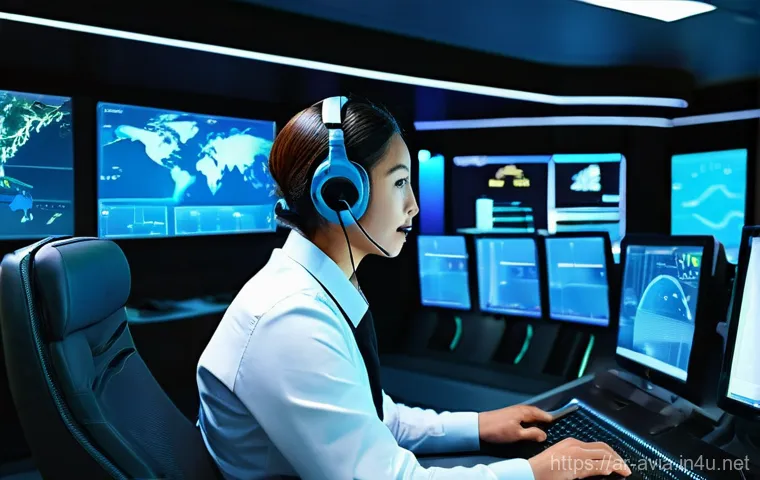 항공운항관리사 비행 안전 브리핑 - **A Focused Flight Dispatcher in a Modern Control Center:** A male flight dispatcher, in his late 30...