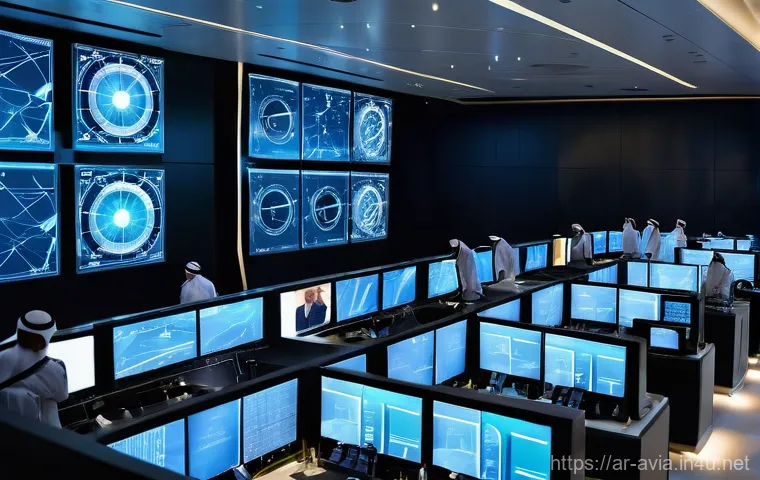 항공운항관리사 리스크 관리 - **Prompt:** A futuristic, high-tech aviation operations center in Dubai. A diverse team of male and ...