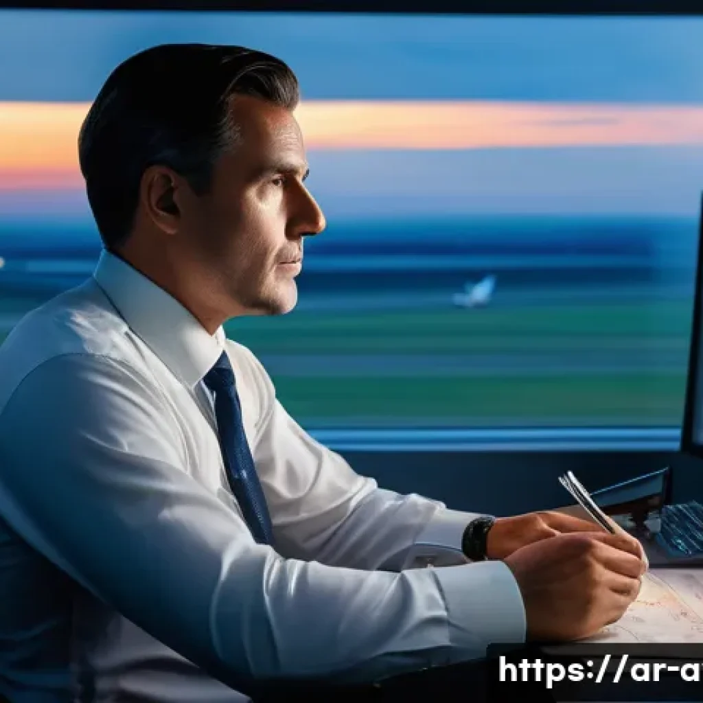 항공운항관리사와 최신 항공 동향 - "A focused male flight operations officer in his late 30s, professionally dressed in a crisp shirt, ...