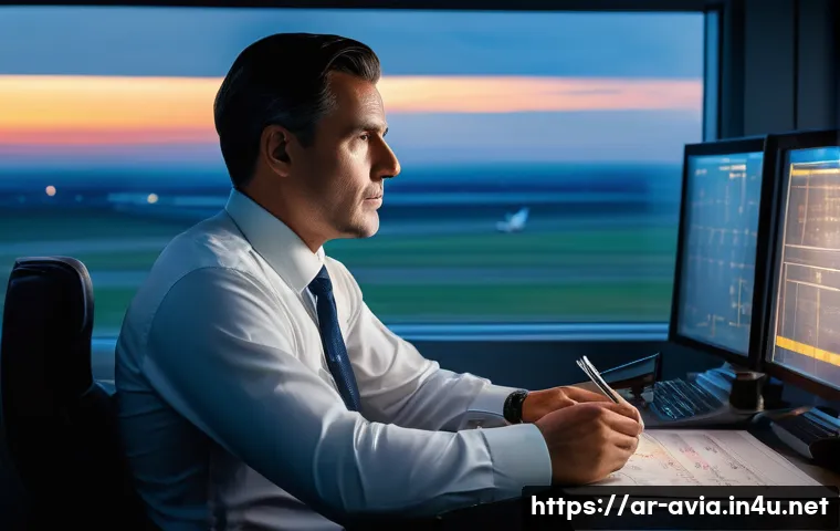 항공운항관리사와 최신 항공 동향 - "A focused male flight operations officer in his late 30s, professionally dressed in a crisp shirt, ...
