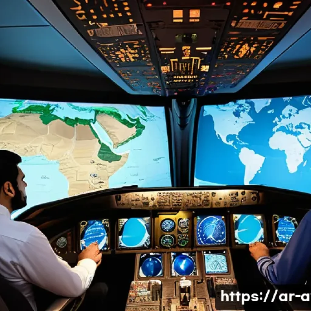 항공운항관리사 국제 인증 - A professional Middle Eastern aviation training center classroom scene, with diverse Arab students w...