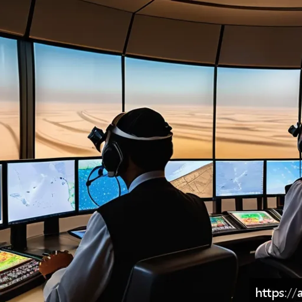 항공운항관리사와 날씨 위험 관리 - A detailed digital air traffic control center in the Middle East during a sandstorm, showing multipl...