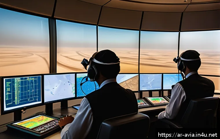 항공운항관리사와 날씨 위험 관리 - A detailed digital air traffic control center in the Middle East during a sandstorm, showing multipl...