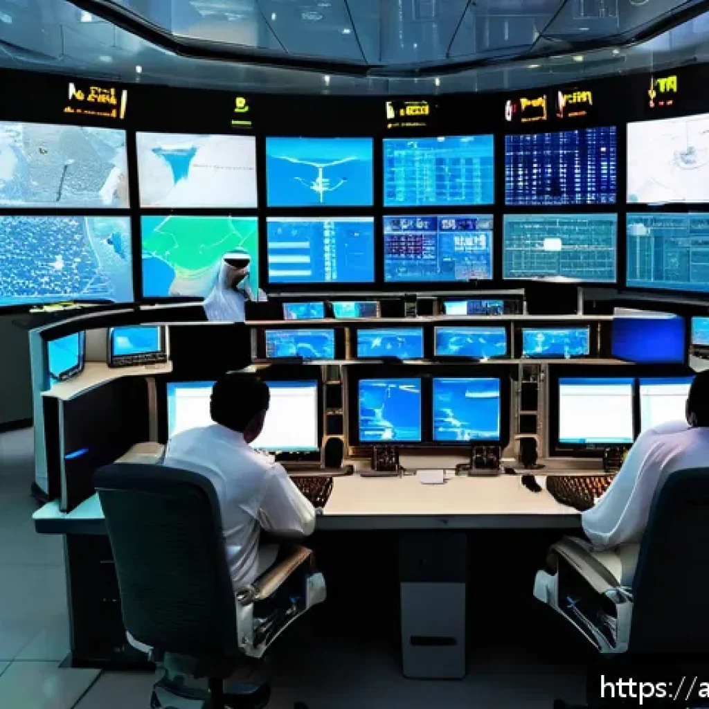 항공운항관리사 실기 필수 장비 - A high-tech air traffic control center in the Middle East during evening hours, showcasing a diverse...