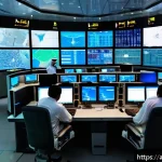 항공운항관리사 실기 필수 장비 - A high-tech air traffic control center in the Middle East during evening hours, showcasing a diverse...