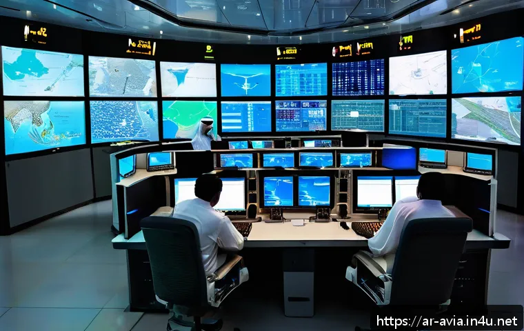 항공운항관리사 실기 필수 장비 - A high-tech air traffic control center in the Middle East during evening hours, showcasing a diverse...