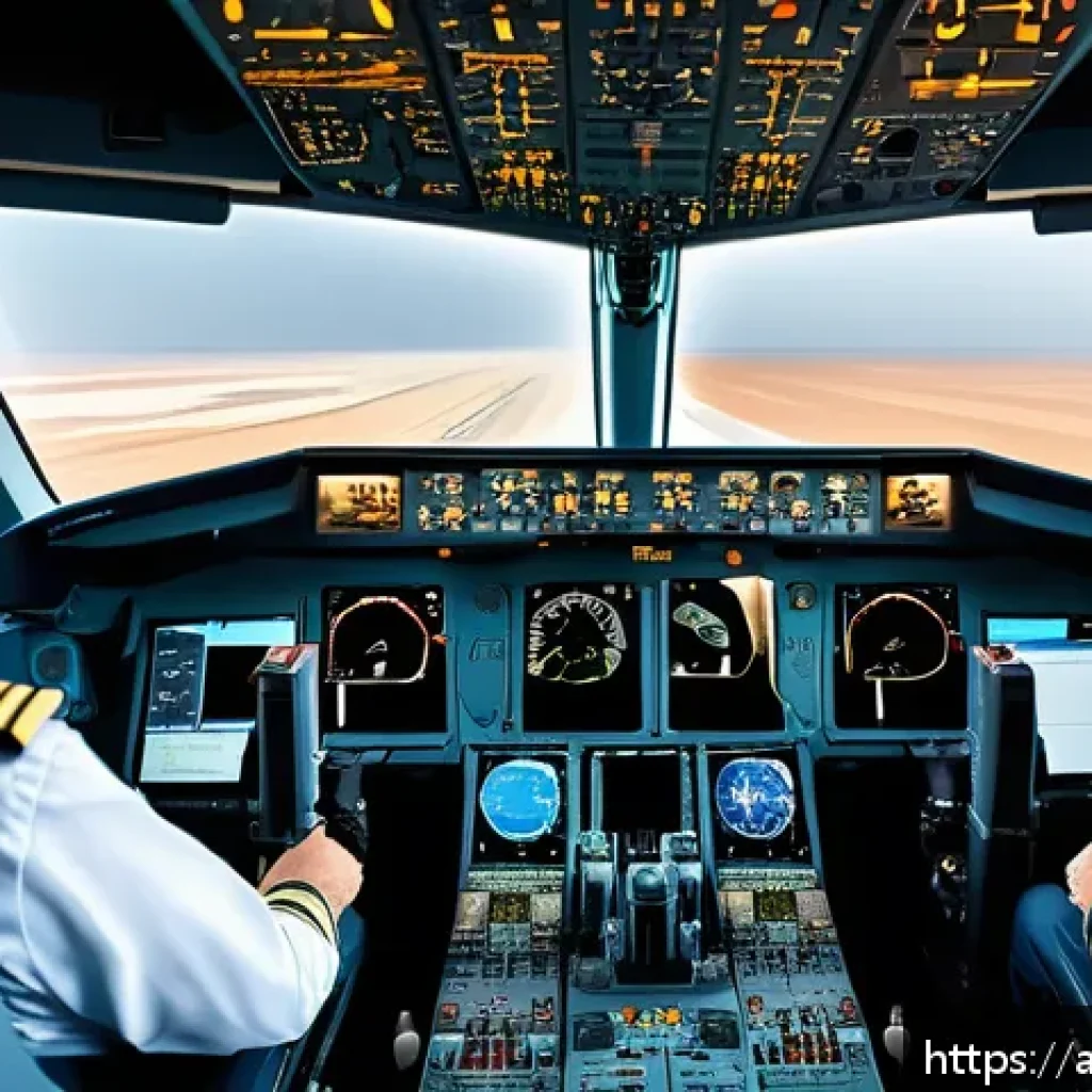 항공운항관리사 플라이트 플랜 작성법 - A highly detailed cockpit view of a modern commercial airplane during flight planning, showing pilot...