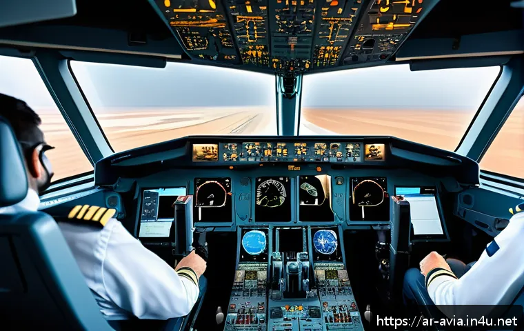 항공운항관리사 플라이트 플랜 작성법 - A highly detailed cockpit view of a modern commercial airplane during flight planning, showing pilot...