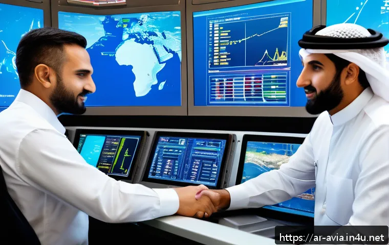 항공운항관리사 필수 소프트웨어 - A modern airline operations control room filled with diverse Arab professionals collaborating dynami...