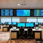 항공운항관리사 팀 리더십 - A detailed and realistic control tower interior scene at a busy Middle Eastern airport during sunset...