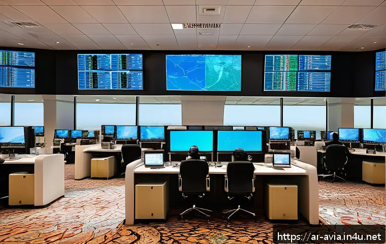 항공운항관리사 팀 리더십 - A detailed and realistic control tower interior scene at a busy Middle Eastern airport during sunset...