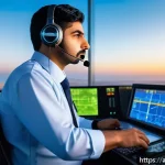 항공운항관리사 일상 - A professional Arab air traffic controller in a modern control tower, wearing a headset and formal a...