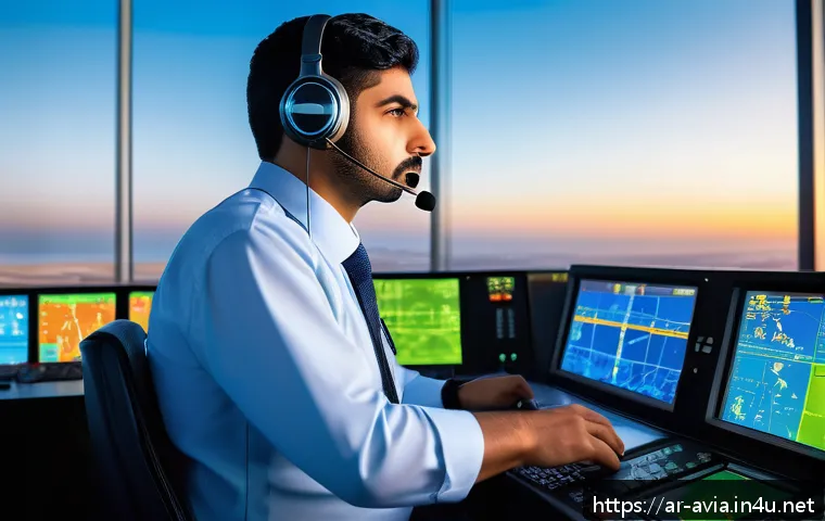 항공운항관리사 일상 - A professional Arab air traffic controller in a modern control tower, wearing a headset and formal a...