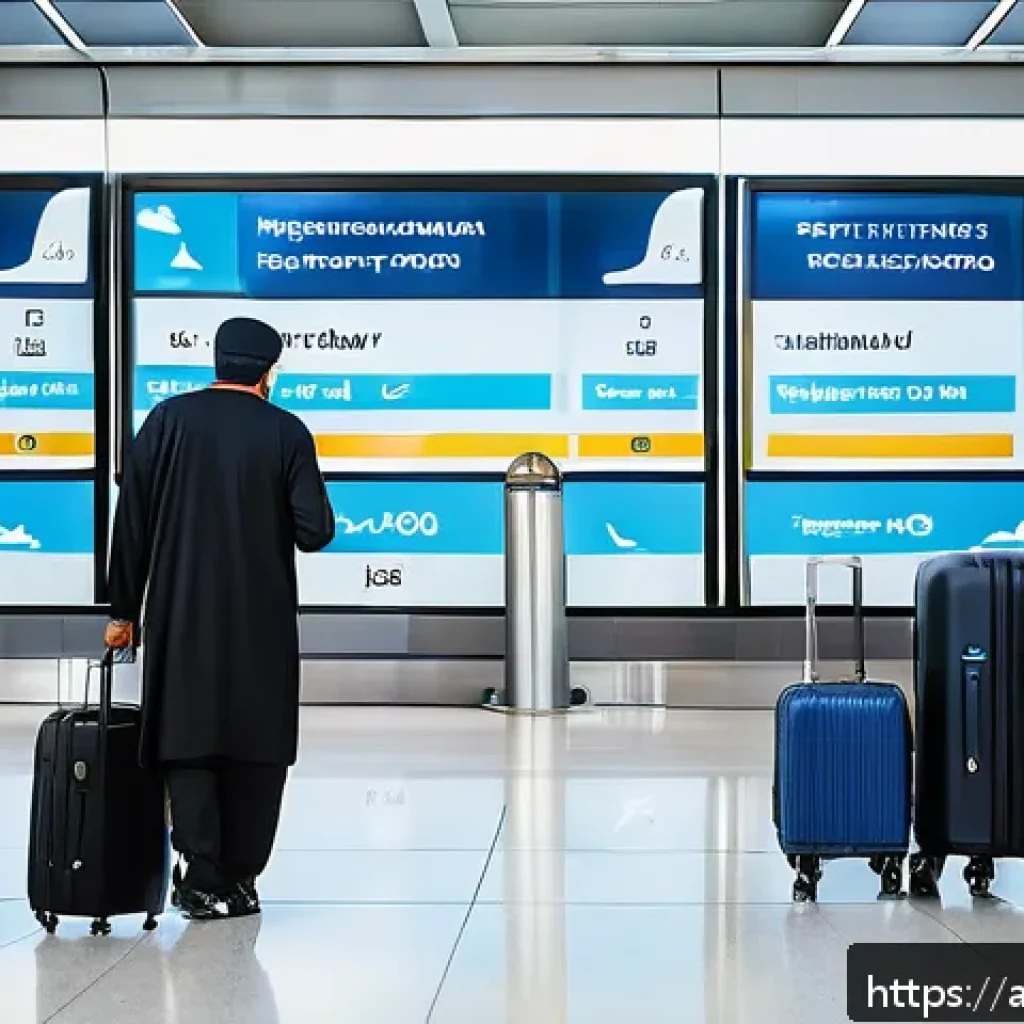 항공운항관리사 안전 브리핑 팁 - A modern airport scene with diverse Arabic travelers preparing for a flight: a family checking fligh...