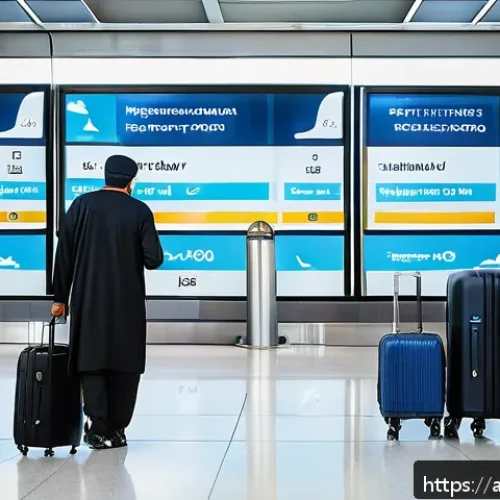 항공운항관리사 안전 브리핑 팁 - A modern airport scene with diverse Arabic travelers preparing for a flight: a family checking fligh...
