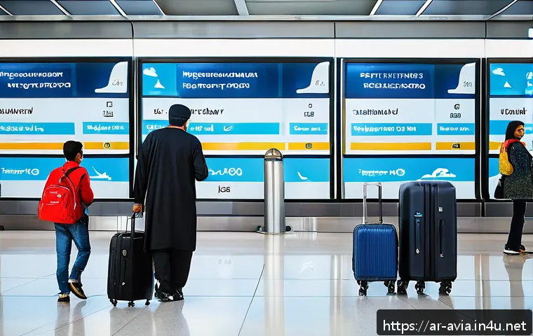 항공운항관리사 안전 브리핑 팁 - A modern airport scene with diverse Arabic travelers preparing for a flight: a family checking fligh...